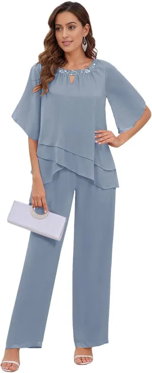 2 Pieces Mother of The Bride Pant Suits for Women Dressy Chiffon Sets Formal Wedding Guest Outfit with Sleeves