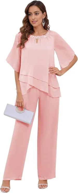 2 Pieces Mother of The Bride Pant Suits for Women Dressy Chiffon Sets Formal Wedding Guest Outfit with Sleeves