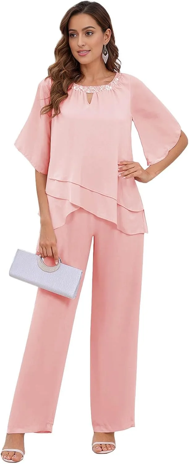 2 Pieces Mother of The Bride Pant Suits for Women Dressy Chiffon Sets Formal Wedding Guest Outfit with Sleeves