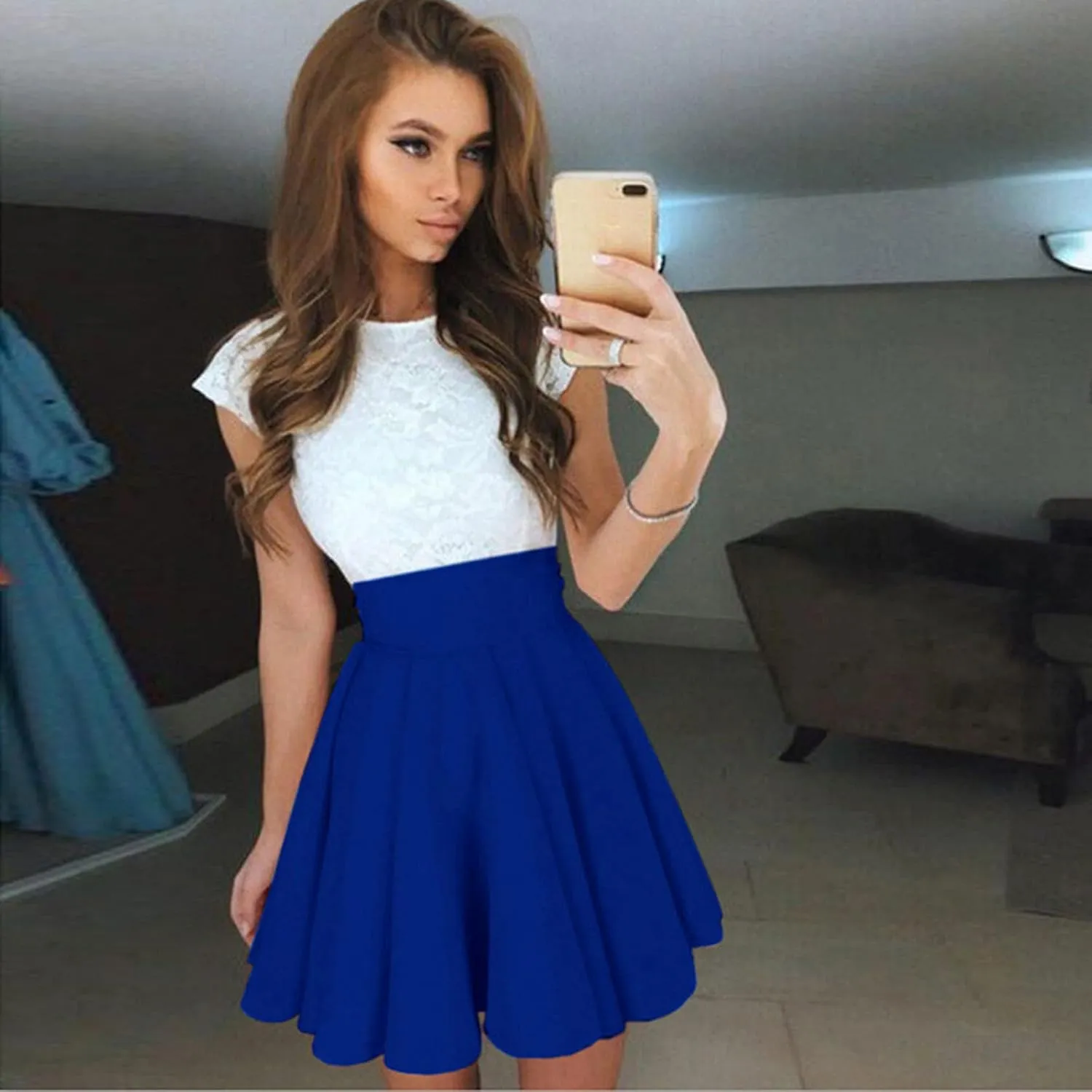 2023 Women's Summer Dress Sleeveless Ruffle Sleeve Round Neck Mini Dress Fashion Colorblock Flowy Tunic Dress