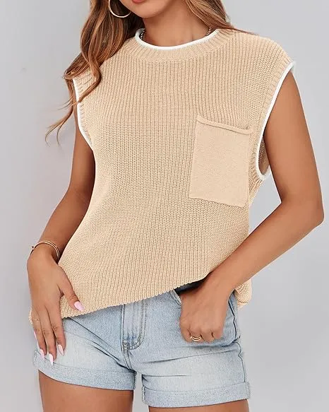 2025 Sleeveless Crewneck Ribbed Knit Pullover Vest