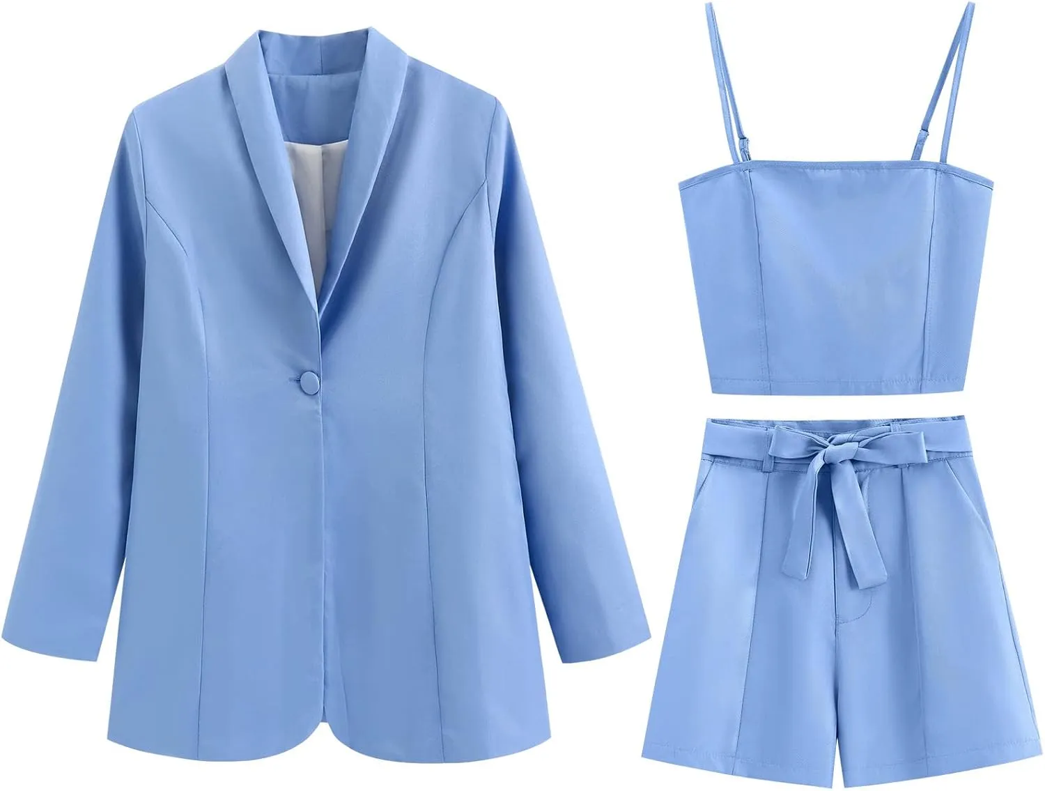 3 Piece Elegant Summer Outfits Women's Long Sleeve Blazer Coat & Short Pants & Top Set for Office Wedding Party