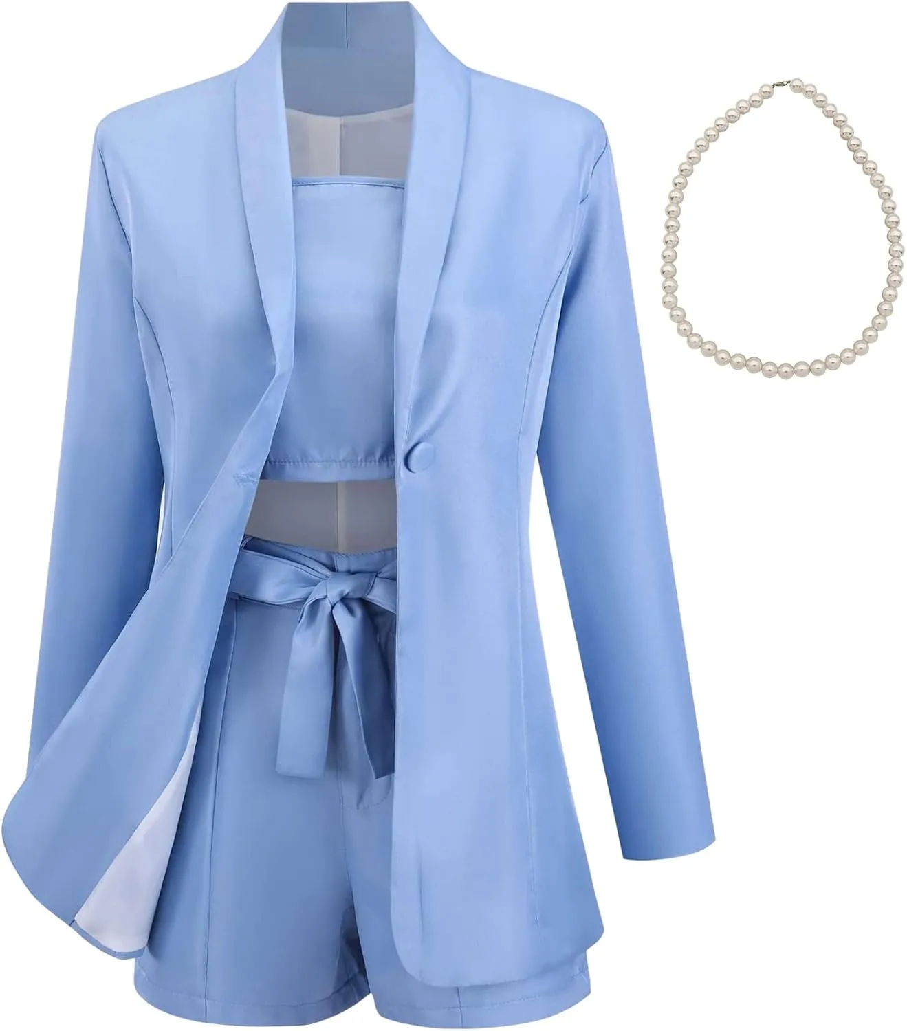 3 Piece Elegant Summer Outfits Women's Long Sleeve Blazer Coat & Short Pants & Top Set for Office Wedding Party