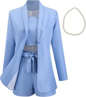 3 Piece Elegant Summer Outfits Women's Long Sleeve Blazer Coat & Short Pants & Top Set for Office Wedding Party