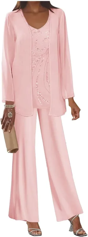 3 Piece Mother of The Bride Pant Suits Long Sleeve Chiffon Formal Wedding Guest Outfit Set with Jacket