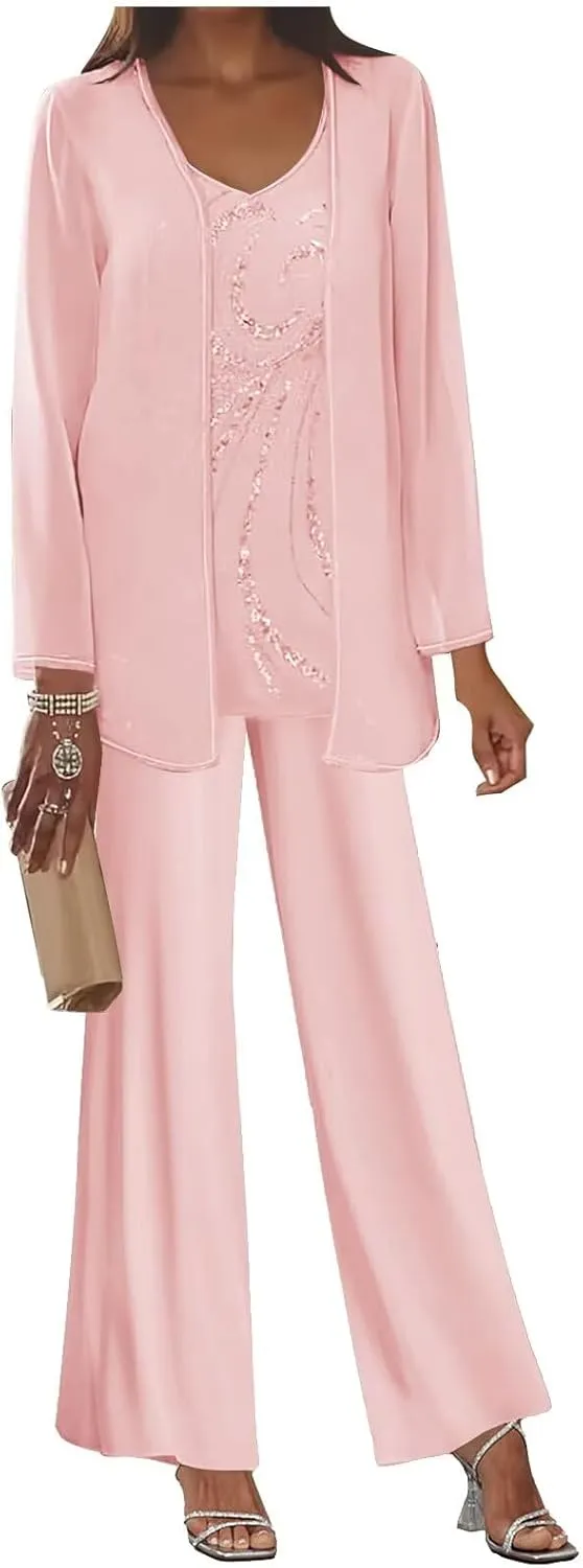 3 Piece Mother of The Bride Pant Suits Long Sleeve Chiffon Formal Wedding Guest Outfit Set with Jacket