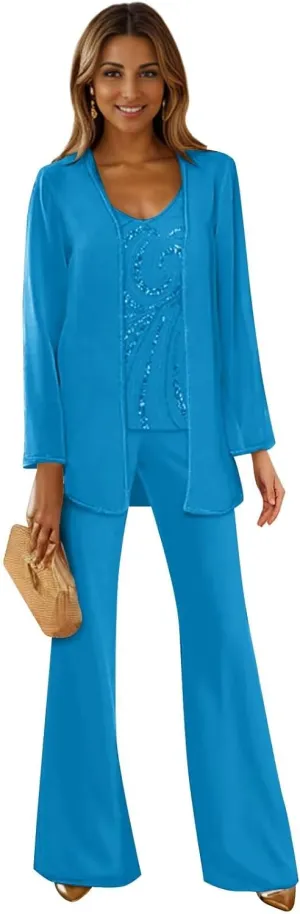 3 Pieces Mother of The Bride Pant Suits for Wedding Long Sleeve Chiffon Pantsuit Formal Wedding Guest Outfit