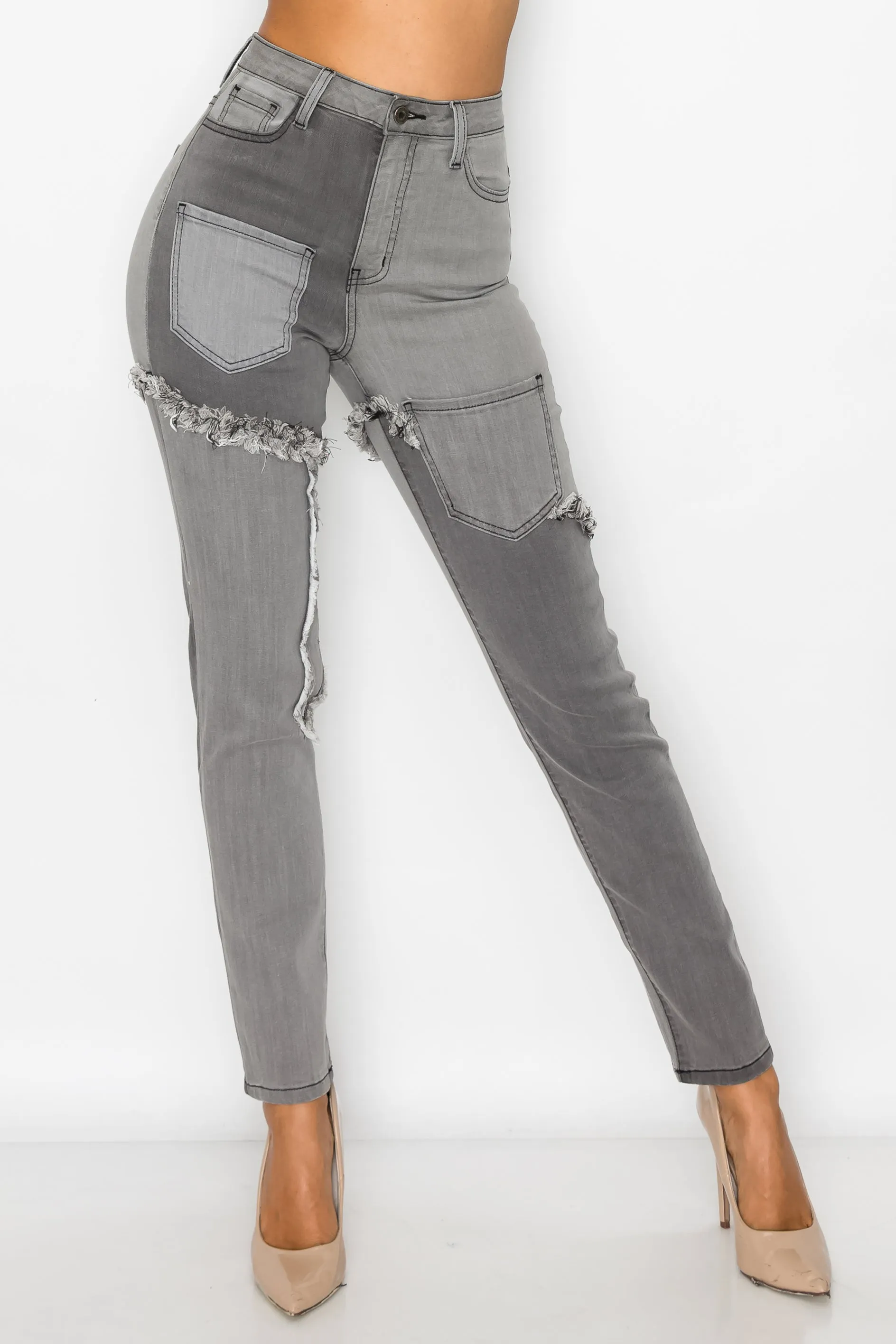 40224 Wome's High Waisted Two Tone Frayed Seam Skinny Jeans