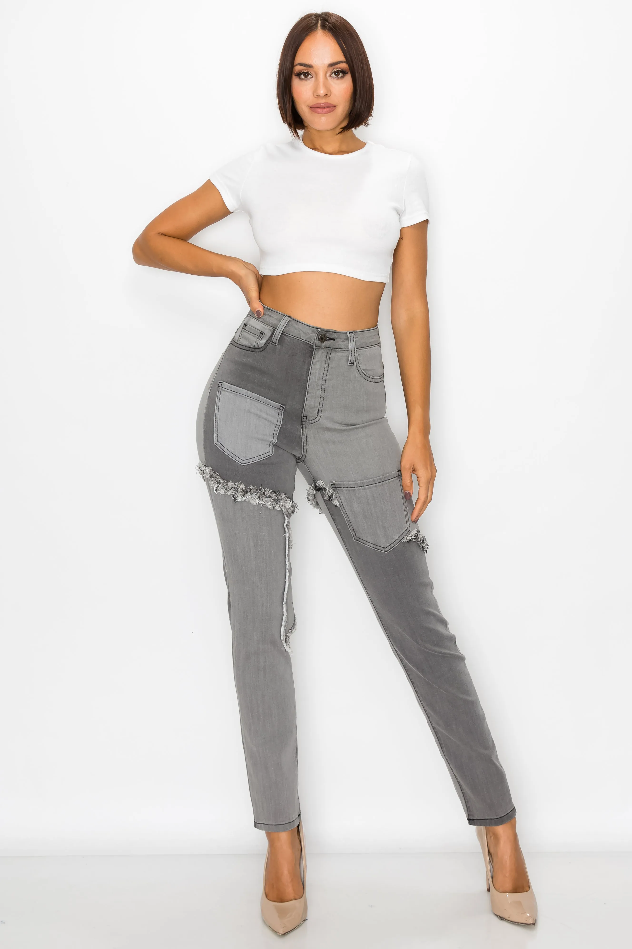 40224 Wome's High Waisted Two Tone Frayed Seam Skinny Jeans