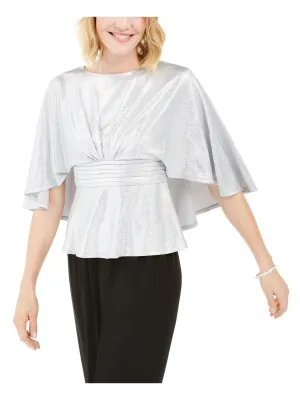 ADRIANNA PAPELL Womens Silver Stretch Metallic Zippered Capelet Ruched Sleeveless Crew Neck Party Peplum Top