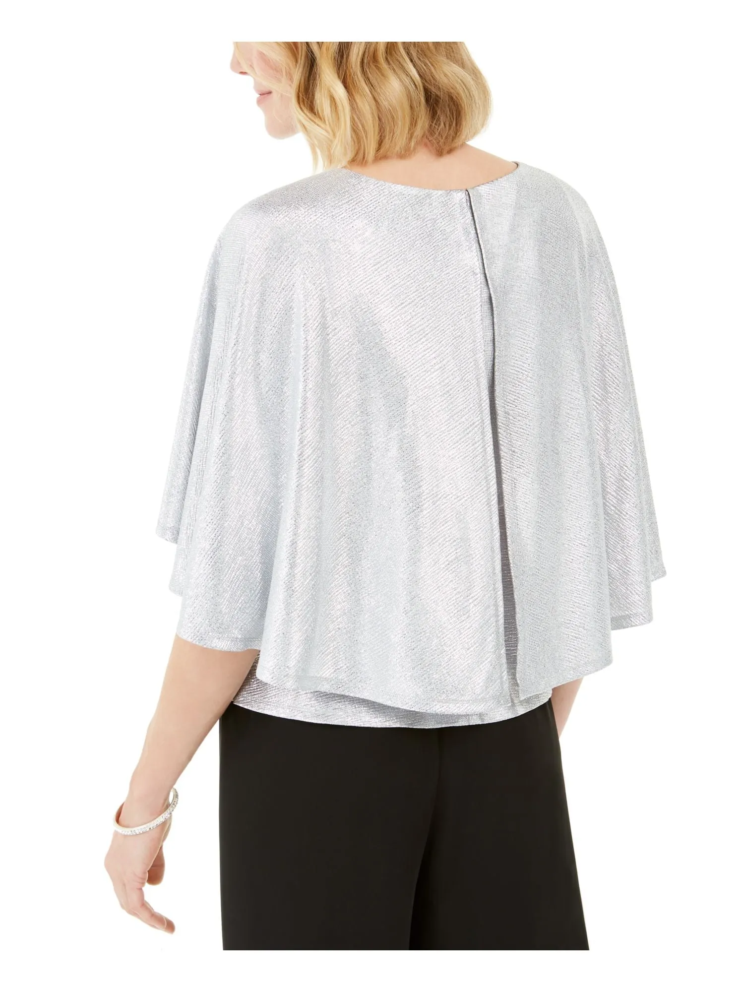 ADRIANNA PAPELL Womens Silver Stretch Metallic Zippered Capelet Ruched Sleeveless Crew Neck Party Peplum Top