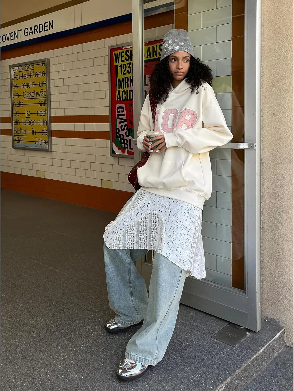 Aelfric Eden Womens Oversized Graphic Hoodies Y2k Flower Embroidery Number Print Pullover Hooded Sweatshirt Unisex