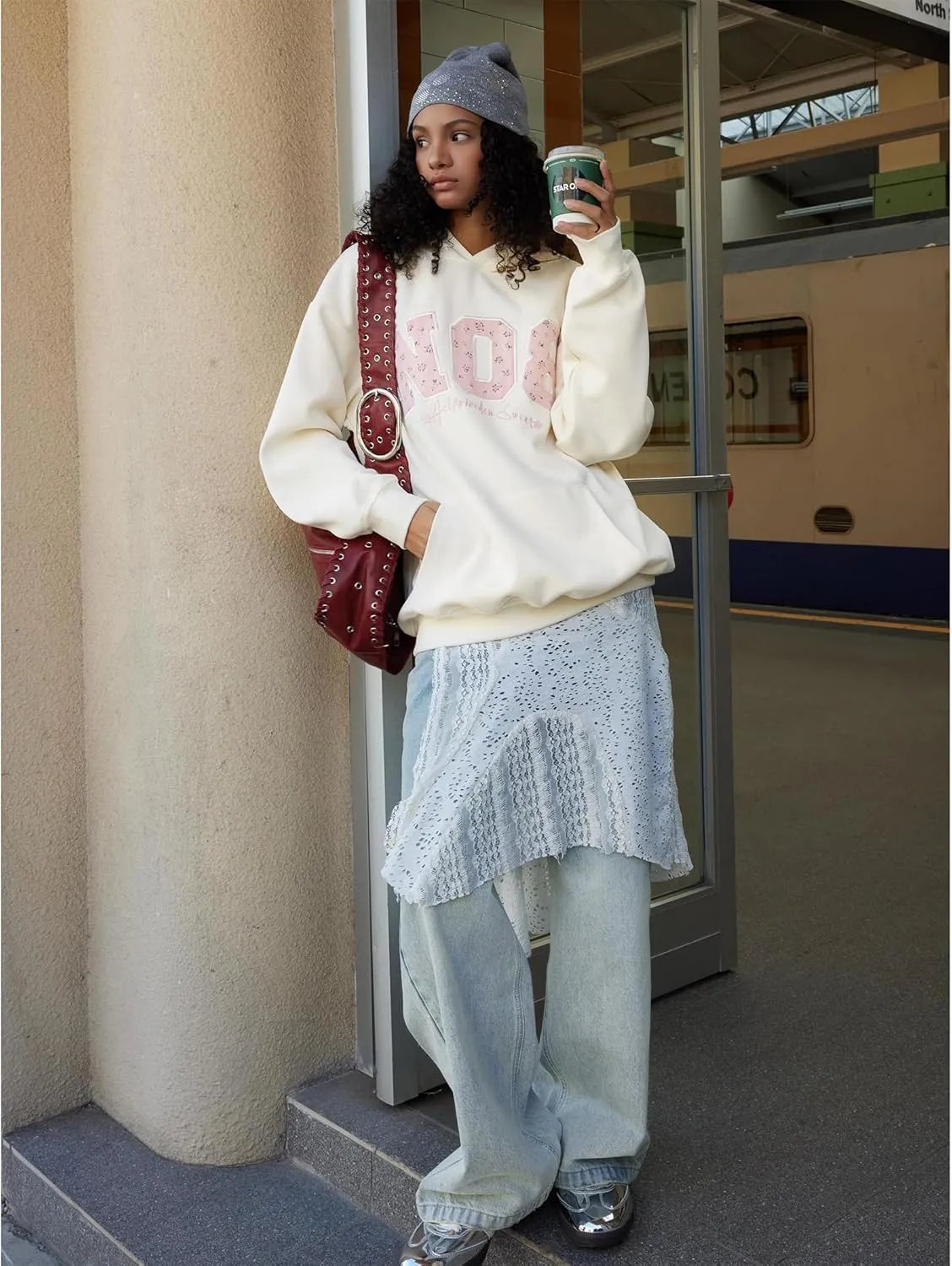 Aelfric Eden Womens Oversized Graphic Hoodies Y2k Flower Embroidery Number Print Pullover Hooded Sweatshirt Unisex