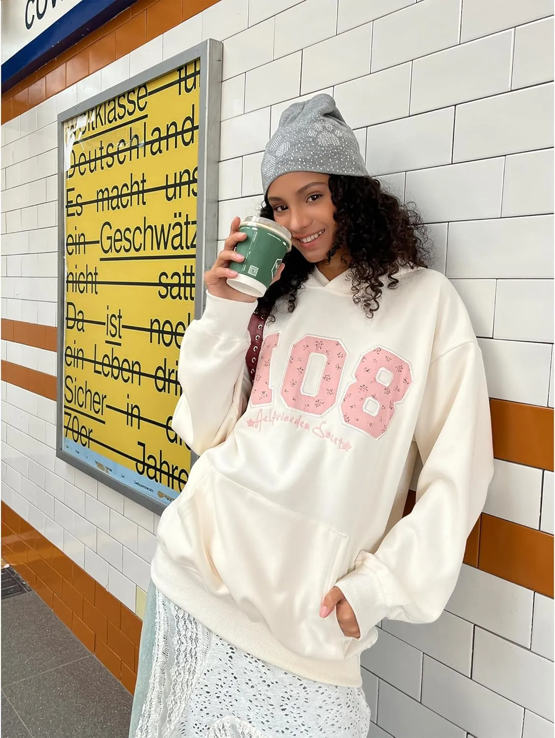 Aelfric Eden Womens Oversized Graphic Hoodies Y2k Flower Embroidery Number Print Pullover Hooded Sweatshirt Unisex