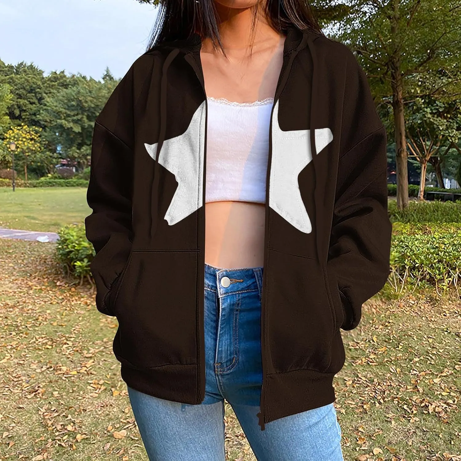 Akklian Y2k Zip Up Hoodies for Women Aesthetic Trendy Oversized Sweatshirt Harajuku 2024 Star Graphic Print Jacket Streetwear