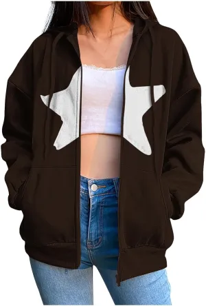 Akklian Y2k Zip Up Hoodies for Women Aesthetic Trendy Oversized Sweatshirt Harajuku 2024 Star Graphic Print Jacket Streetwear