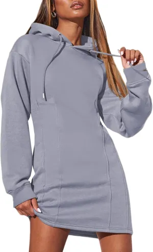 AlvaQ Womens Dresses Fall Winter 2024 Casual Long Sleeve Drawstring Pleated Hoodies Sweatshirt Pullover Tunic Mini Dress