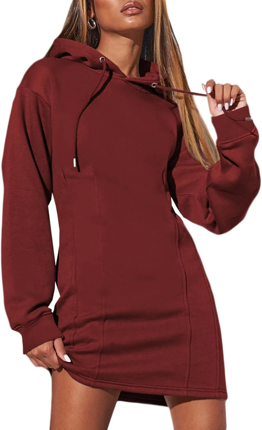 AlvaQ Womens Dresses Fall Winter 2024 Casual Long Sleeve Drawstring Pleated Hoodies Sweatshirt Pullover Tunic Mini Dress