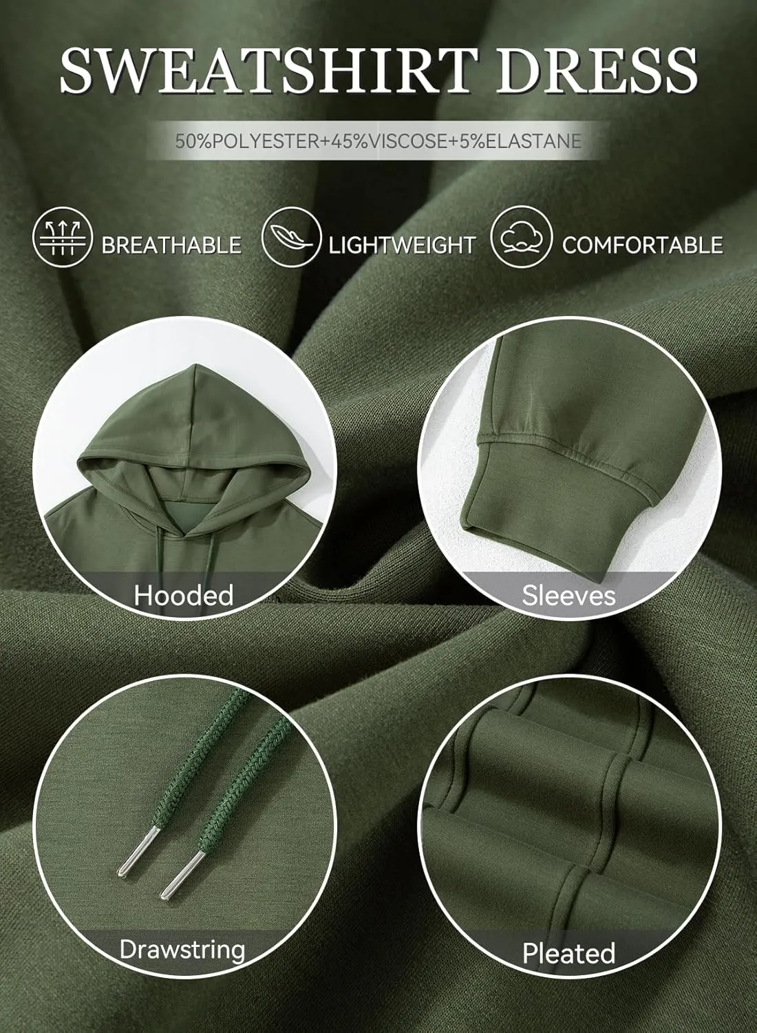 AlvaQ Womens Dresses Fall Winter 2024 Casual Long Sleeve Drawstring Pleated Hoodies Sweatshirt Pullover Tunic Mini Dress