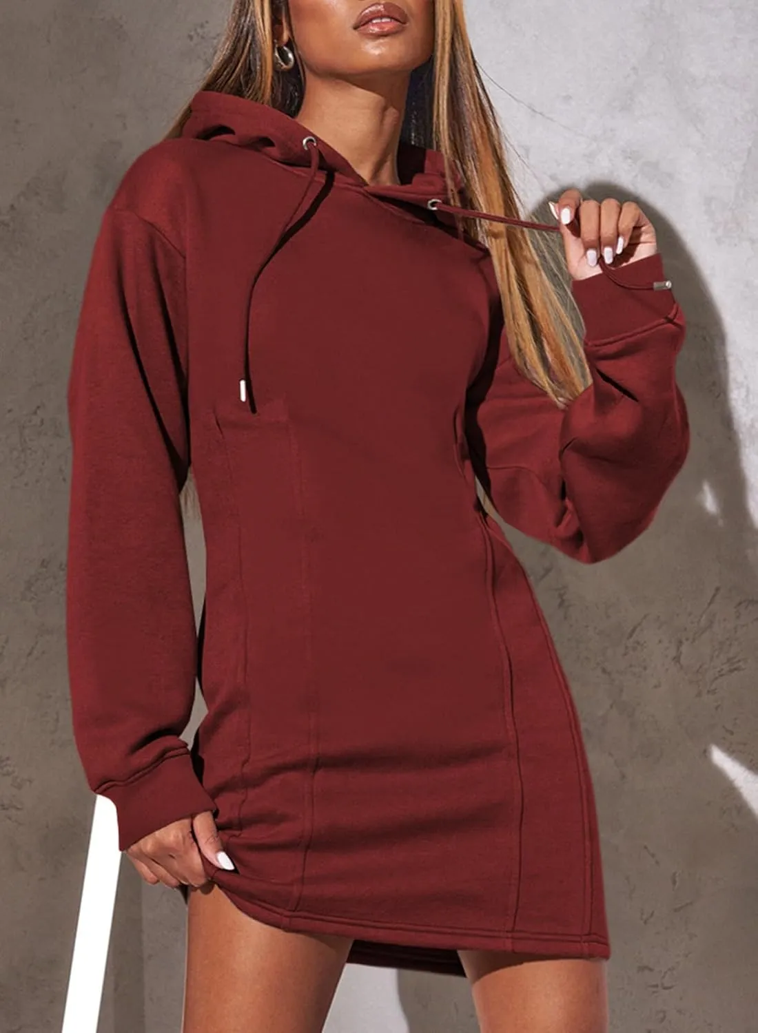 AlvaQ Womens Dresses Fall Winter 2024 Casual Long Sleeve Drawstring Pleated Hoodies Sweatshirt Pullover Tunic Mini Dress