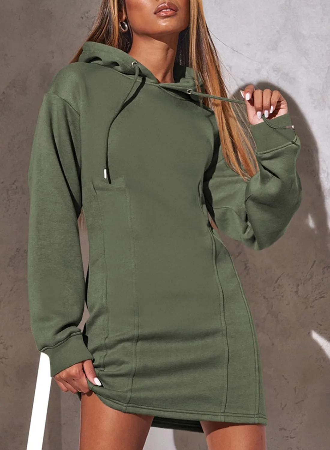 AlvaQ Womens Dresses Fall Winter 2024 Casual Long Sleeve Drawstring Pleated Hoodies Sweatshirt Pullover Tunic Mini Dress