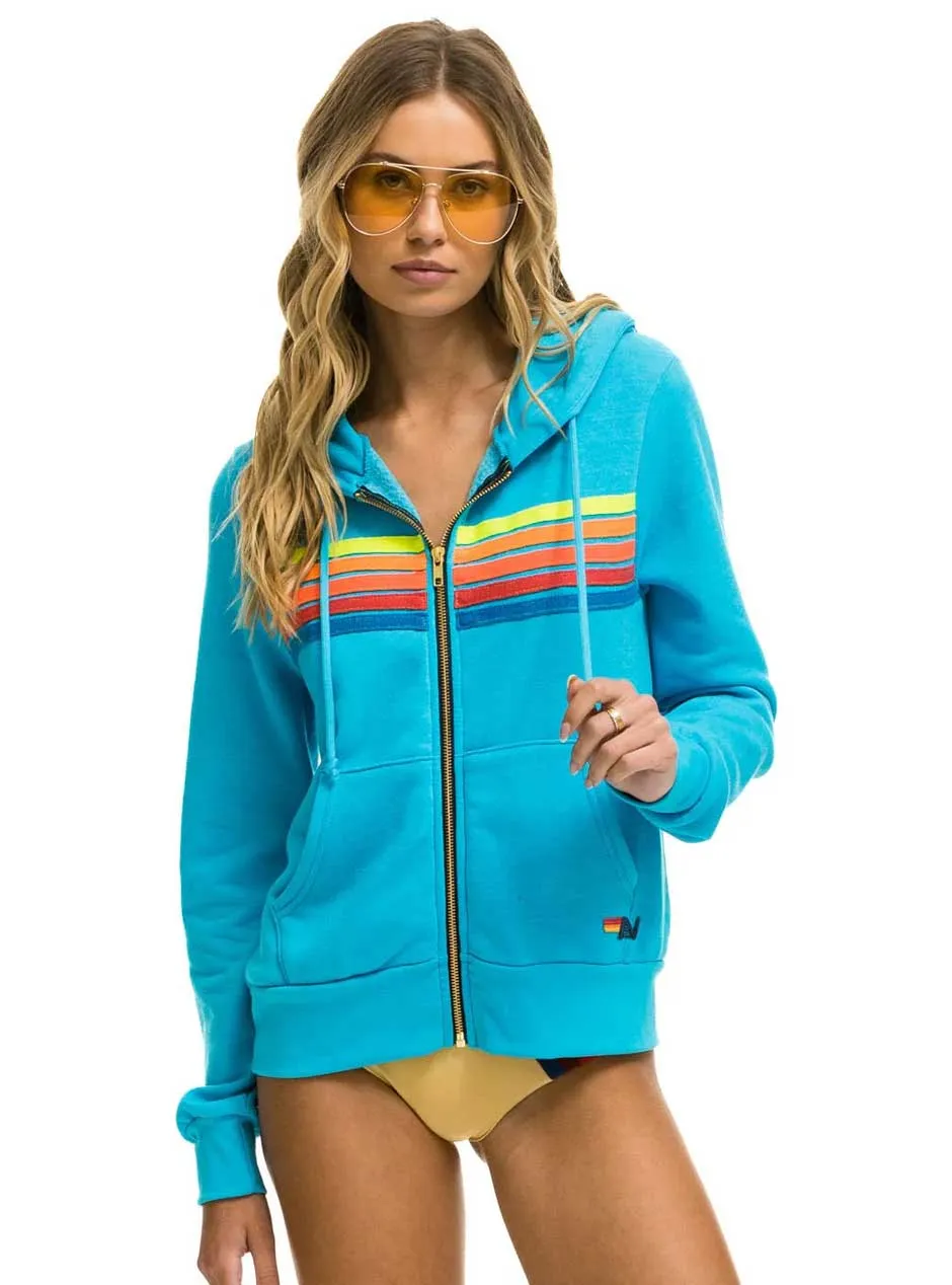 Aviator Nation Women's 5 Stripe Zip Hoodie - Neon Blue Neon Rainbow