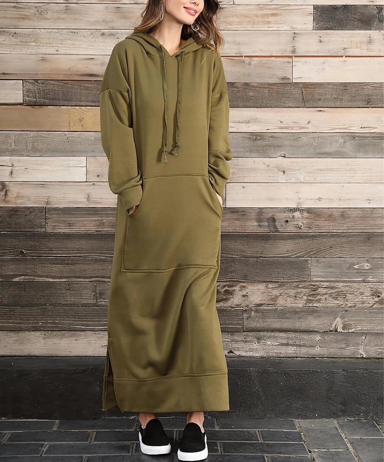 Bengbobar Women's Casual Plush Pullover Oversized Sweatshirt for Women Long Sleeve Drawstring Hoodie Maxi Dress with Pockets