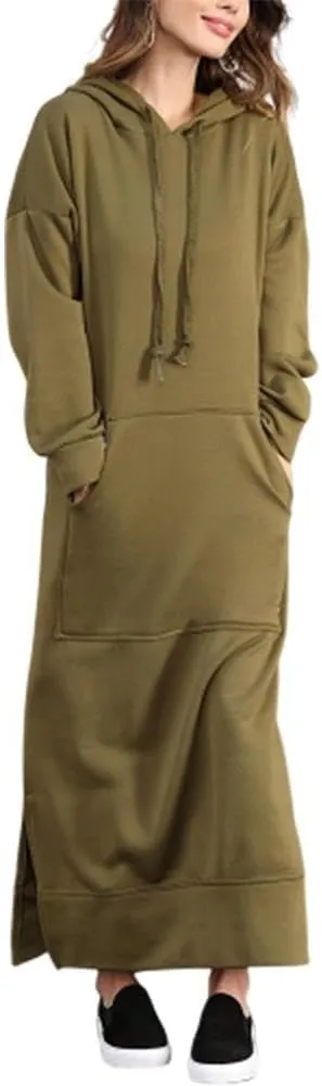 Bengbobar Women's Casual Plush Pullover Oversized Sweatshirt for Women Long Sleeve Drawstring Hoodie Maxi Dress with Pockets