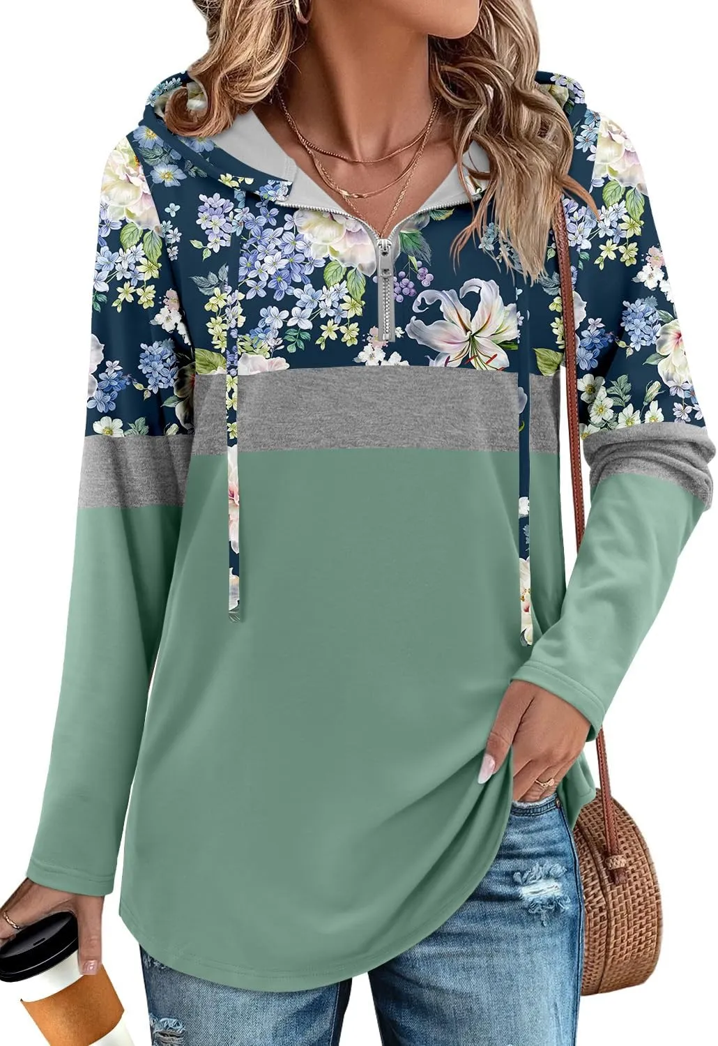 BETTE BOUTIK Womens Quarter Zip Tunic Hoodies Pullover Long Hooded Sweatshirts S-3XL