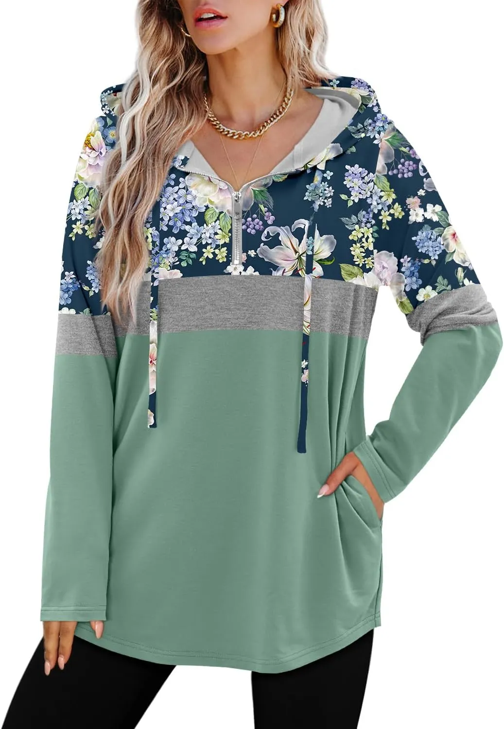 BETTE BOUTIK Womens Quarter Zip Tunic Hoodies Pullover Long Hooded Sweatshirts S-3XL