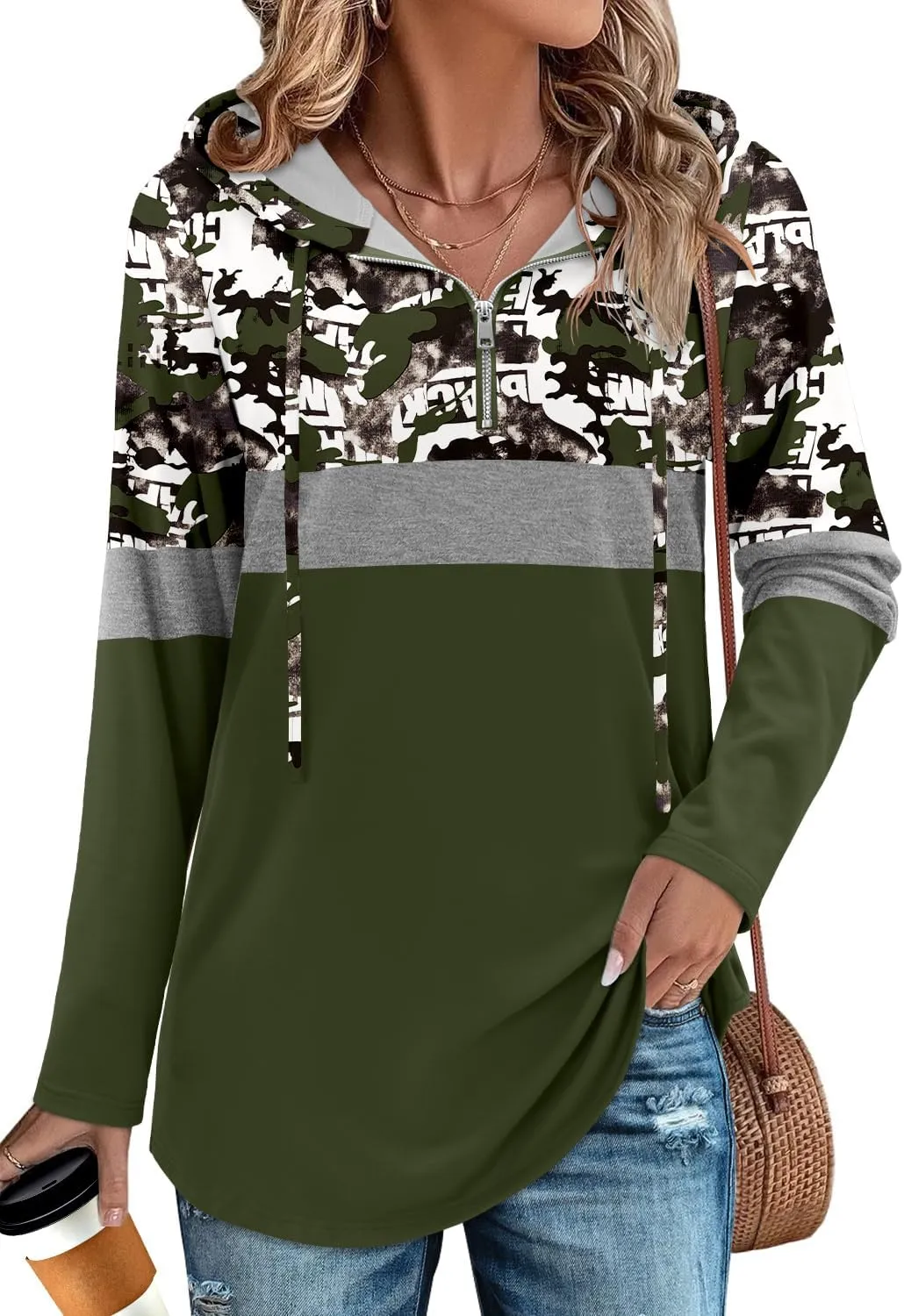 BETTE BOUTIK Womens Quarter Zip Tunic Hoodies Pullover Long Hooded Sweatshirts S-3XL