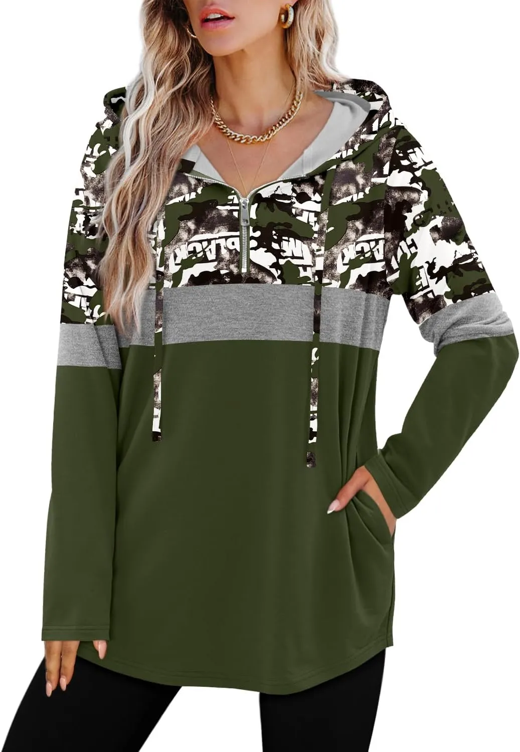 BETTE BOUTIK Womens Quarter Zip Tunic Hoodies Pullover Long Hooded Sweatshirts S-3XL