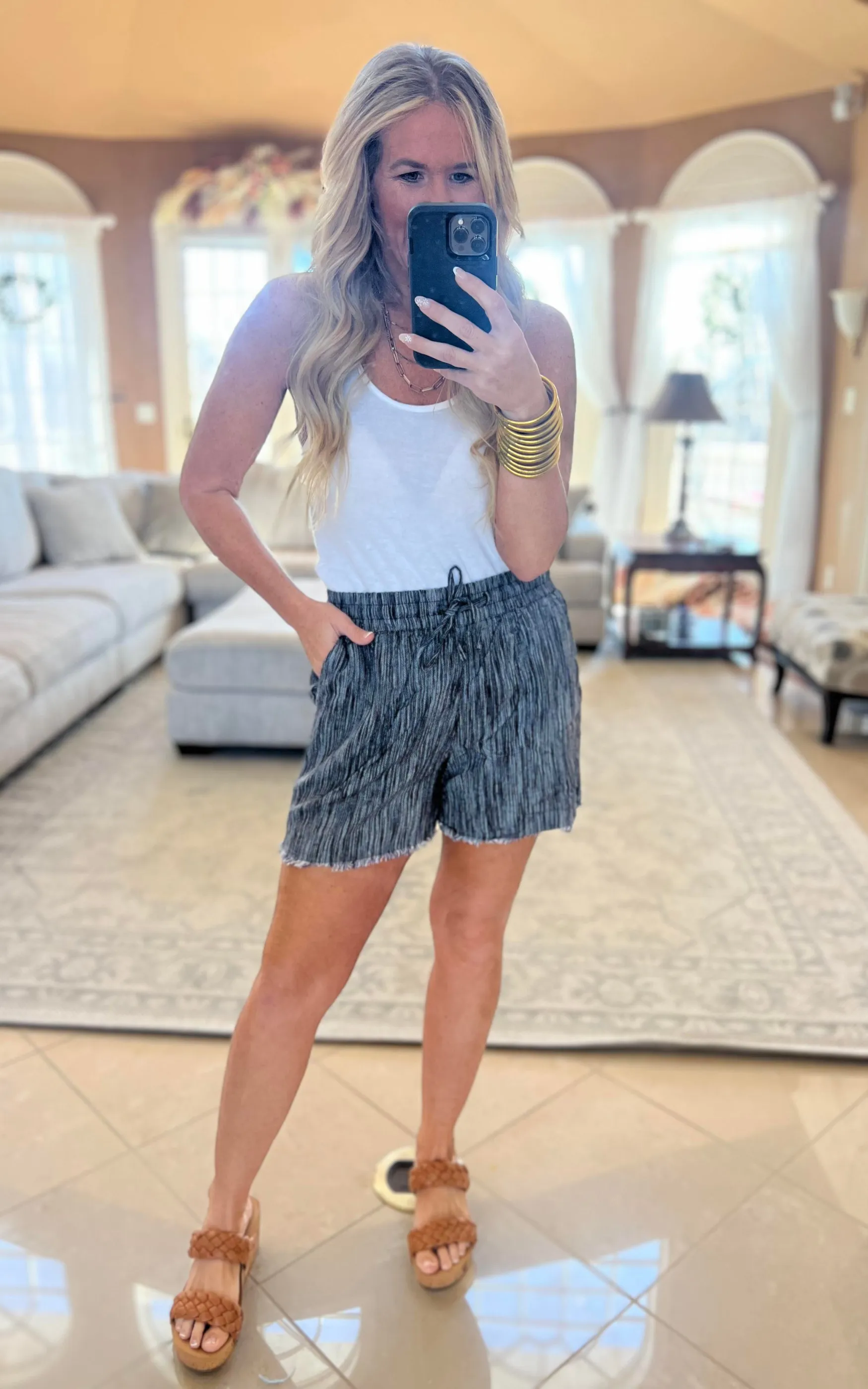 Black Stripe Linen Shorts With Frayed Hem | FINAL SALE*