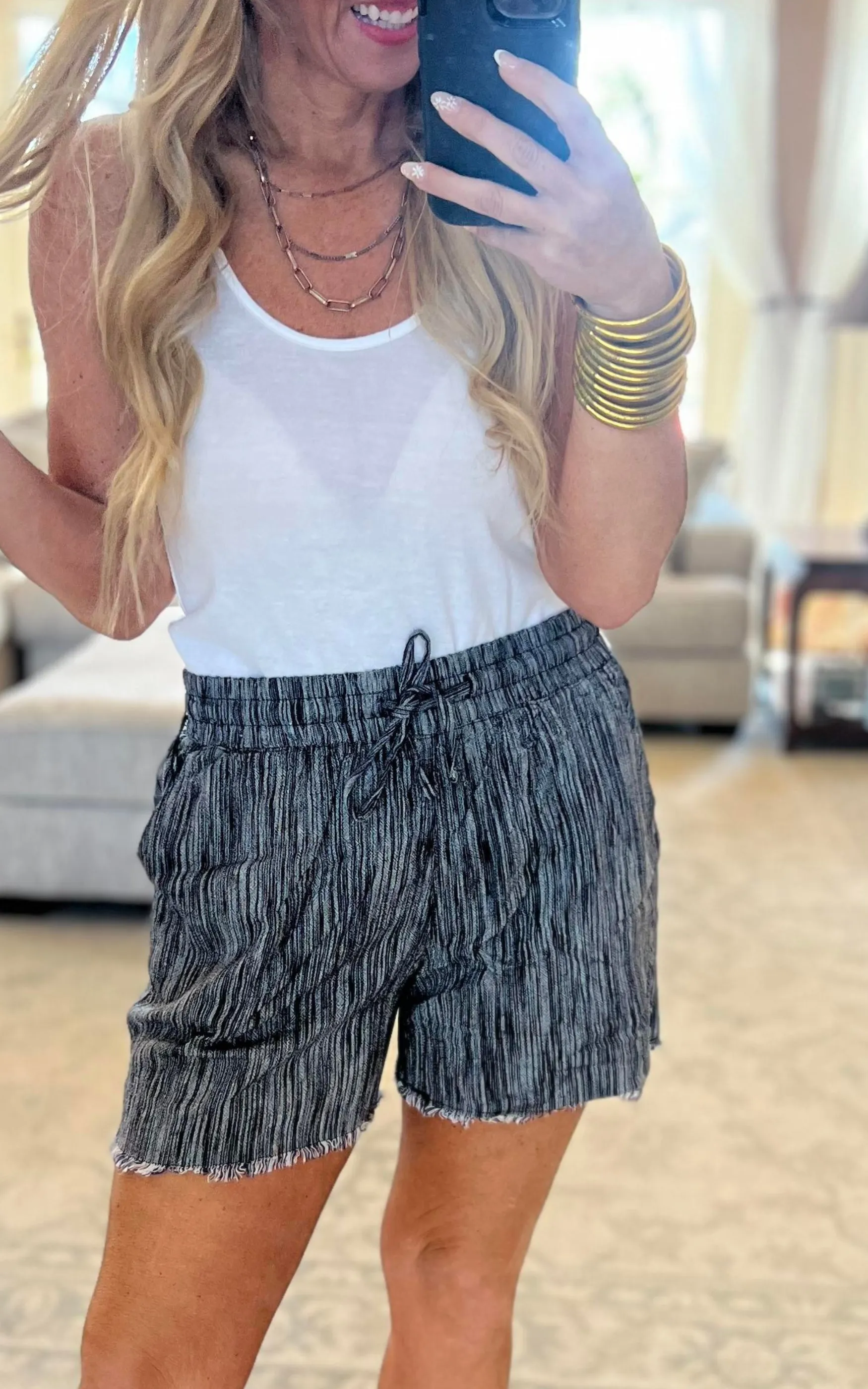 Black Stripe Linen Shorts With Frayed Hem | FINAL SALE*
