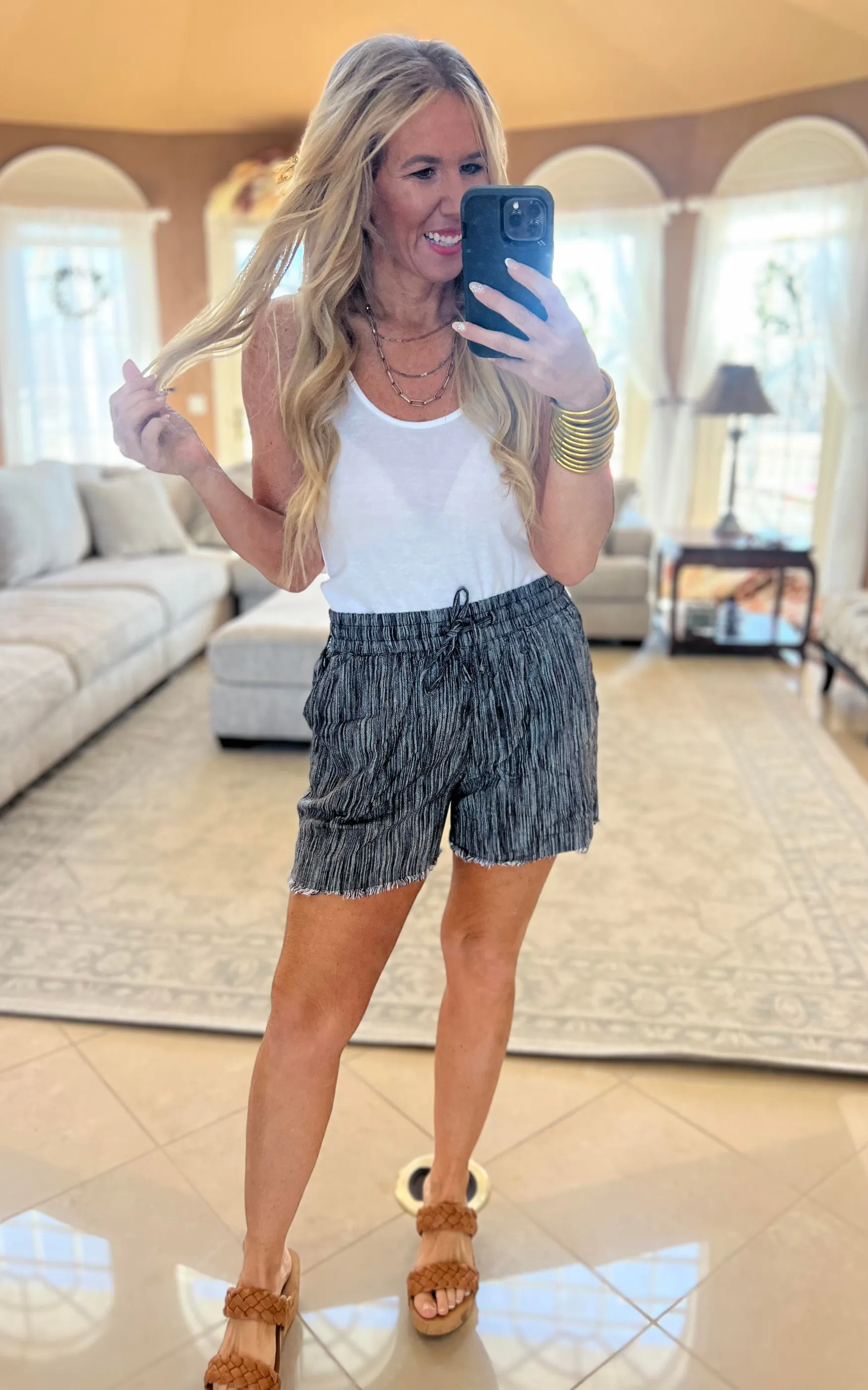 Black Stripe Linen Shorts With Frayed Hem | FINAL SALE*