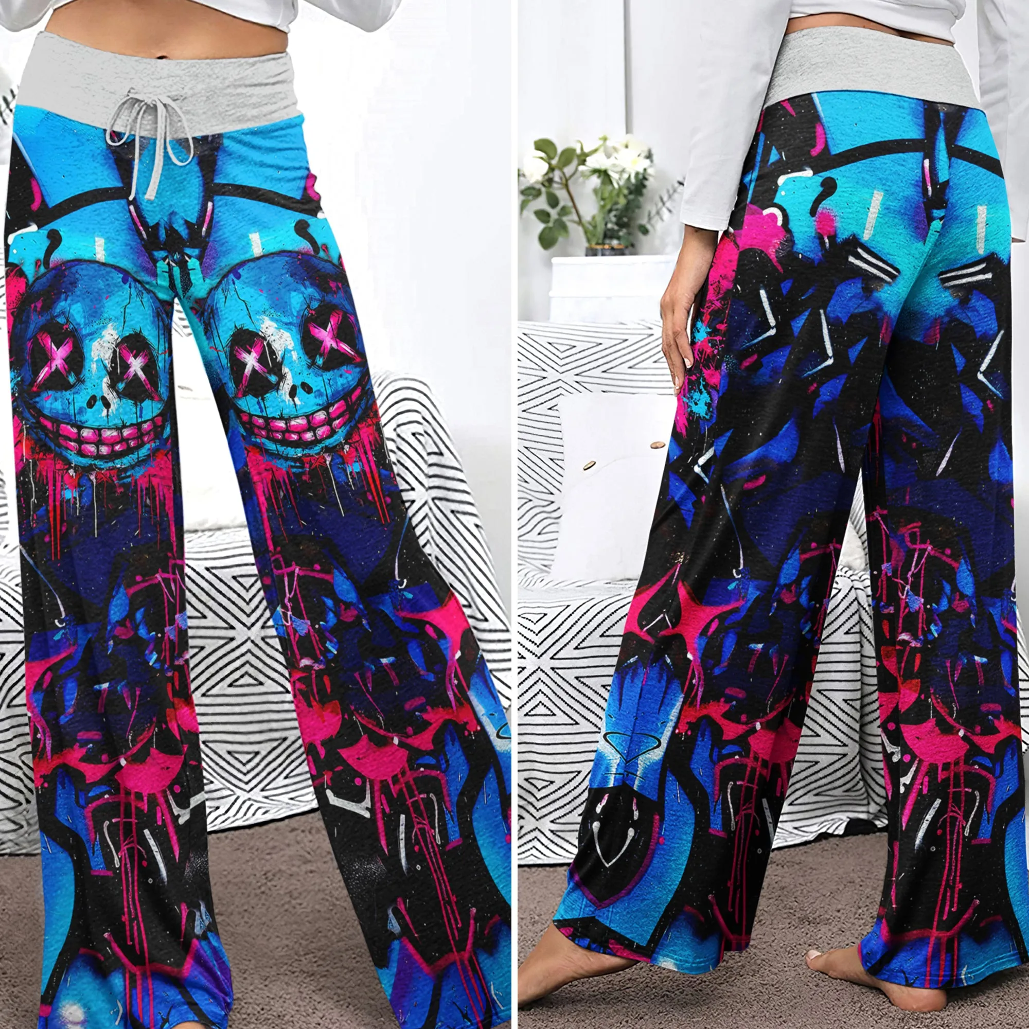 Blue Scary Graffiti Art Women's High-waisted Wide Leg Pants