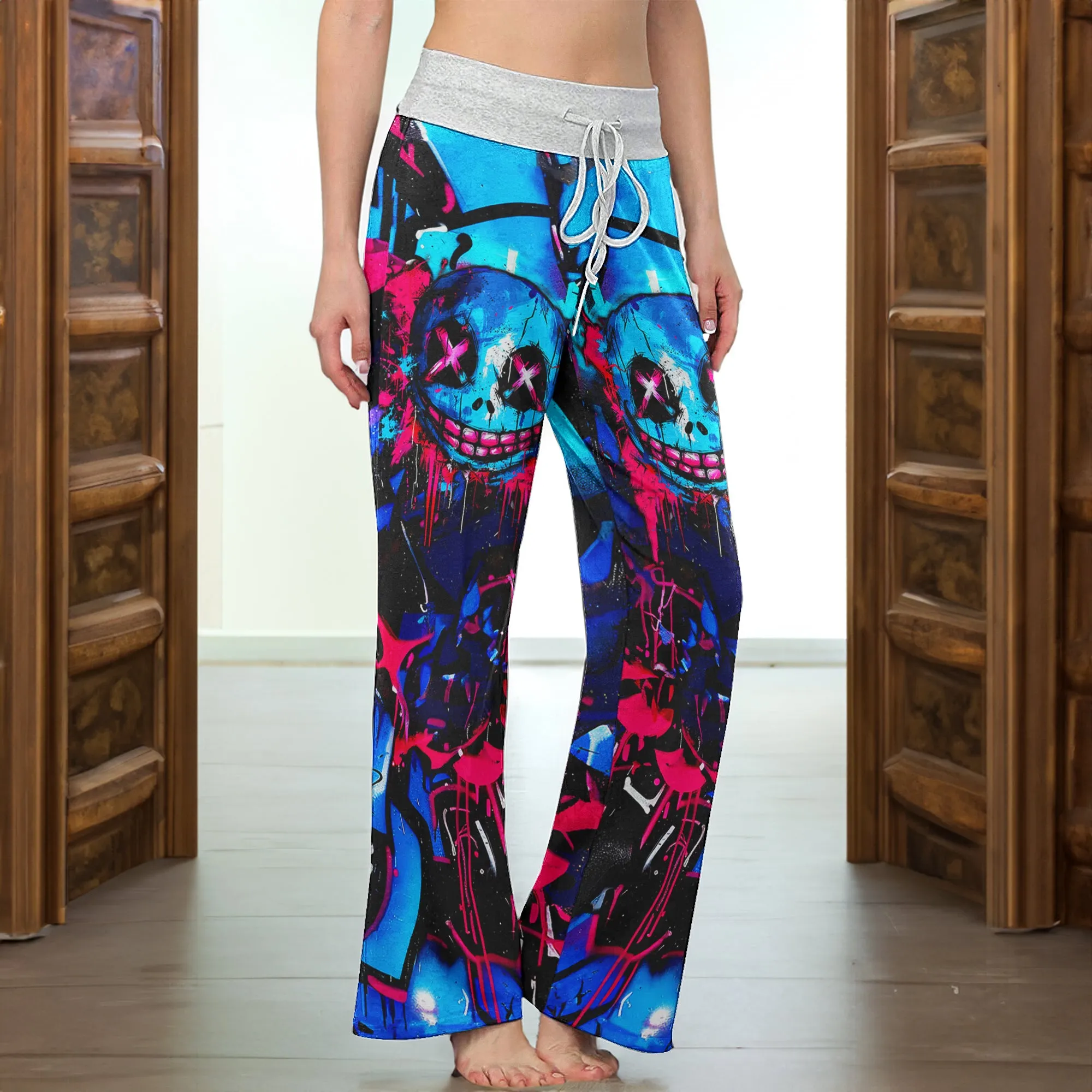 Blue Scary Graffiti Art Women's High-waisted Wide Leg Pants