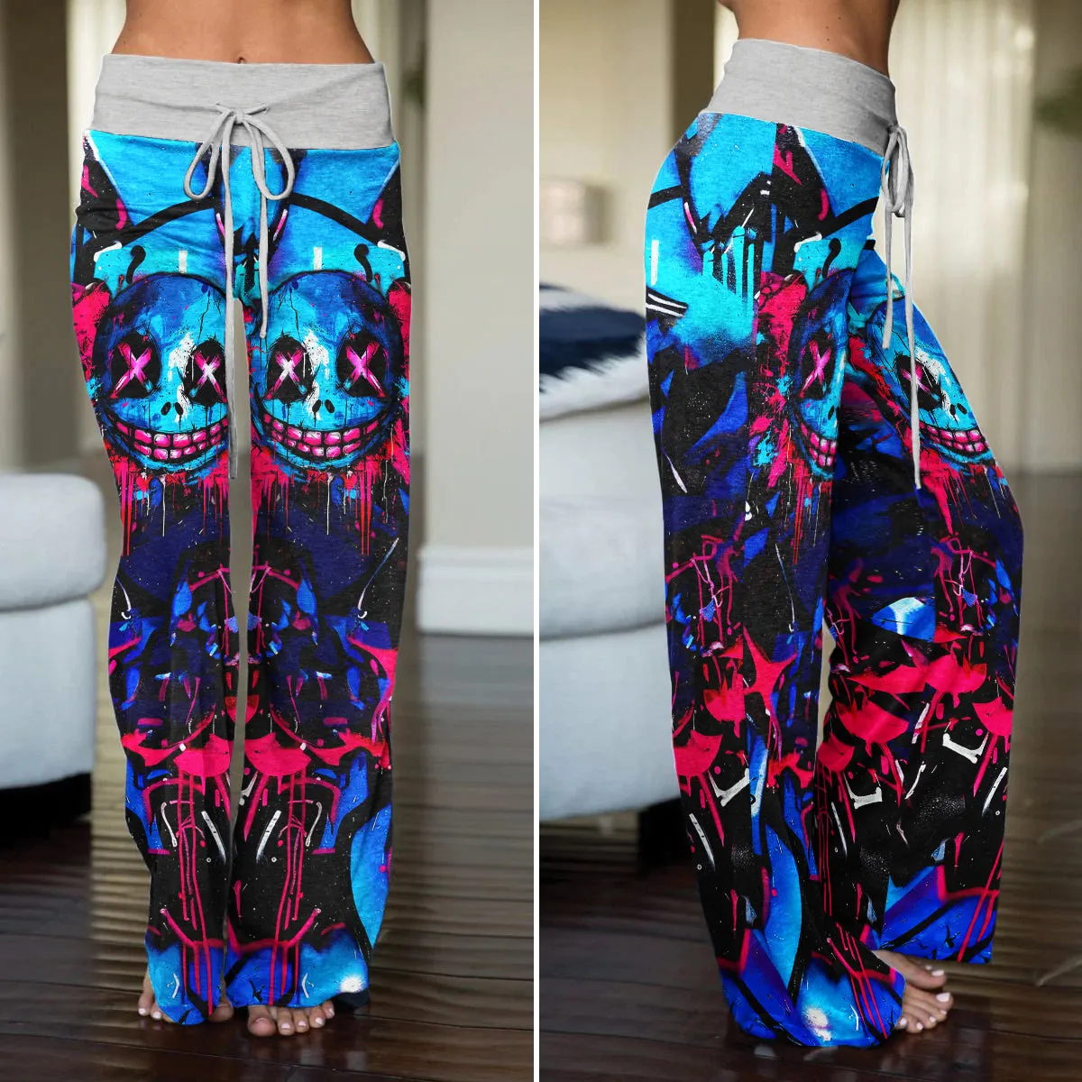 Blue Scary Graffiti Art Women's High-waisted Wide Leg Pants