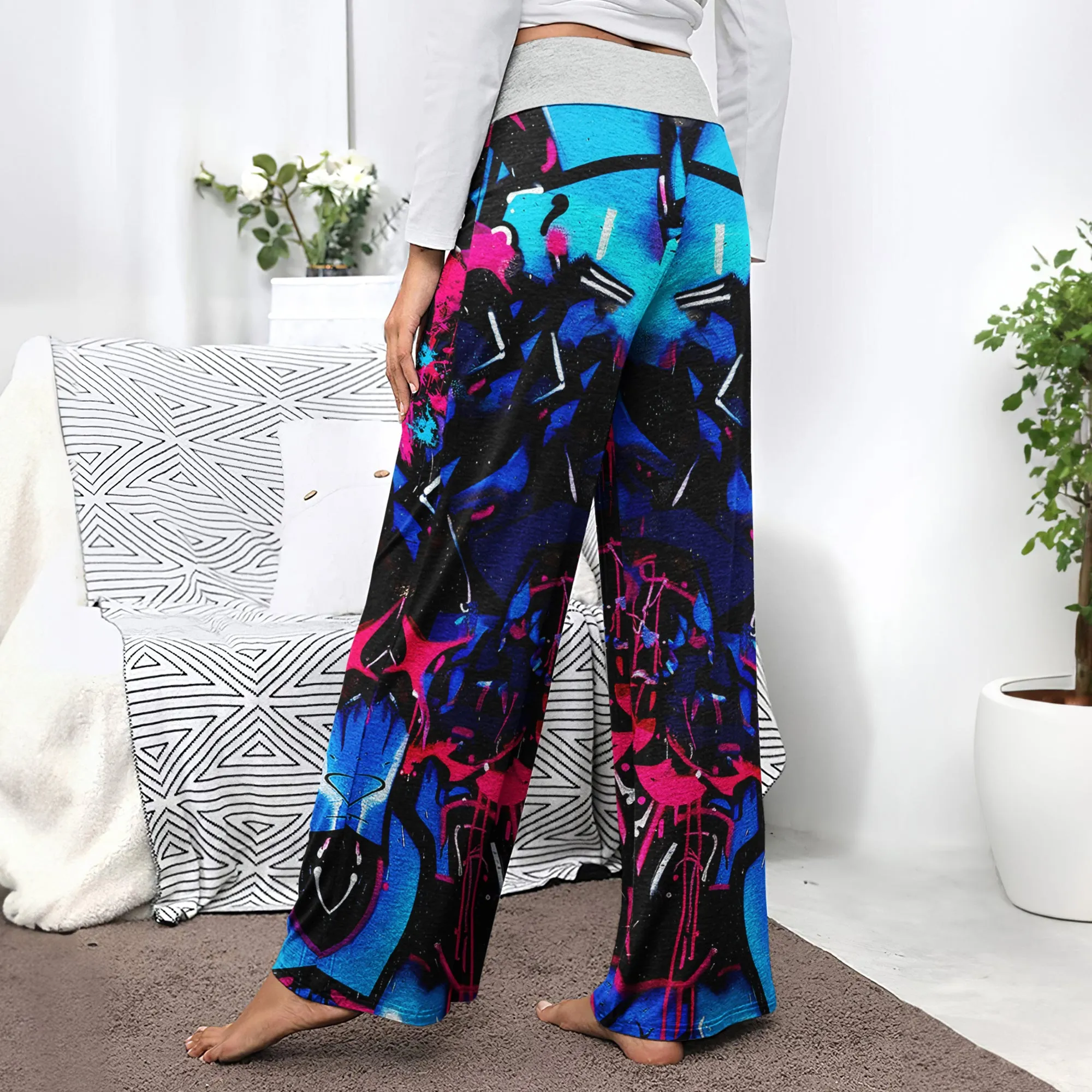 Blue Scary Graffiti Art Women's High-waisted Wide Leg Pants