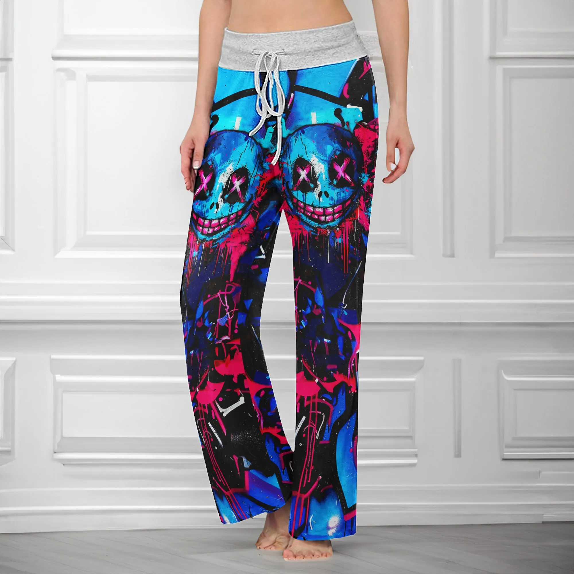 Blue Scary Graffiti Art Women's High-waisted Wide Leg Pants