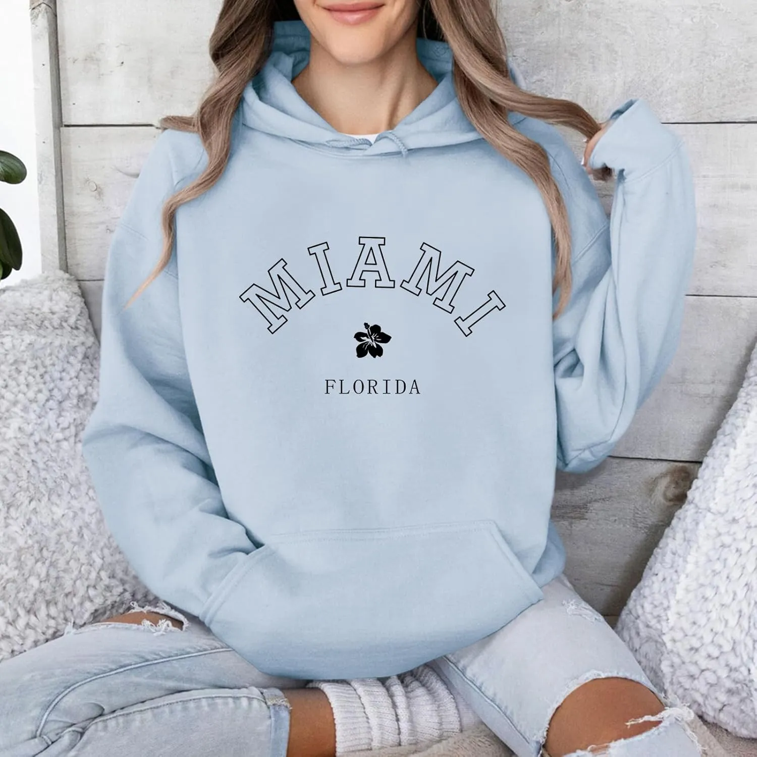 Bobeutou Oversized Letter Graphic Print Hoodies for Women Miami Florida Sweatshirt Preppy Trendy Fleece Pocket Pullover Top