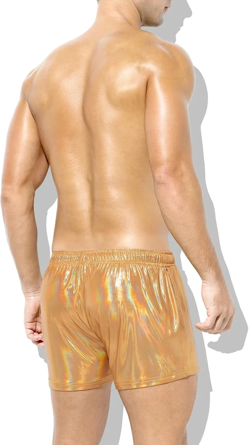 Casey Kevin Men's Holographic Metallic Short Sparkly Shiny Short Pants Rave Outfit Hot Shorts with Pockets and Drawstrings