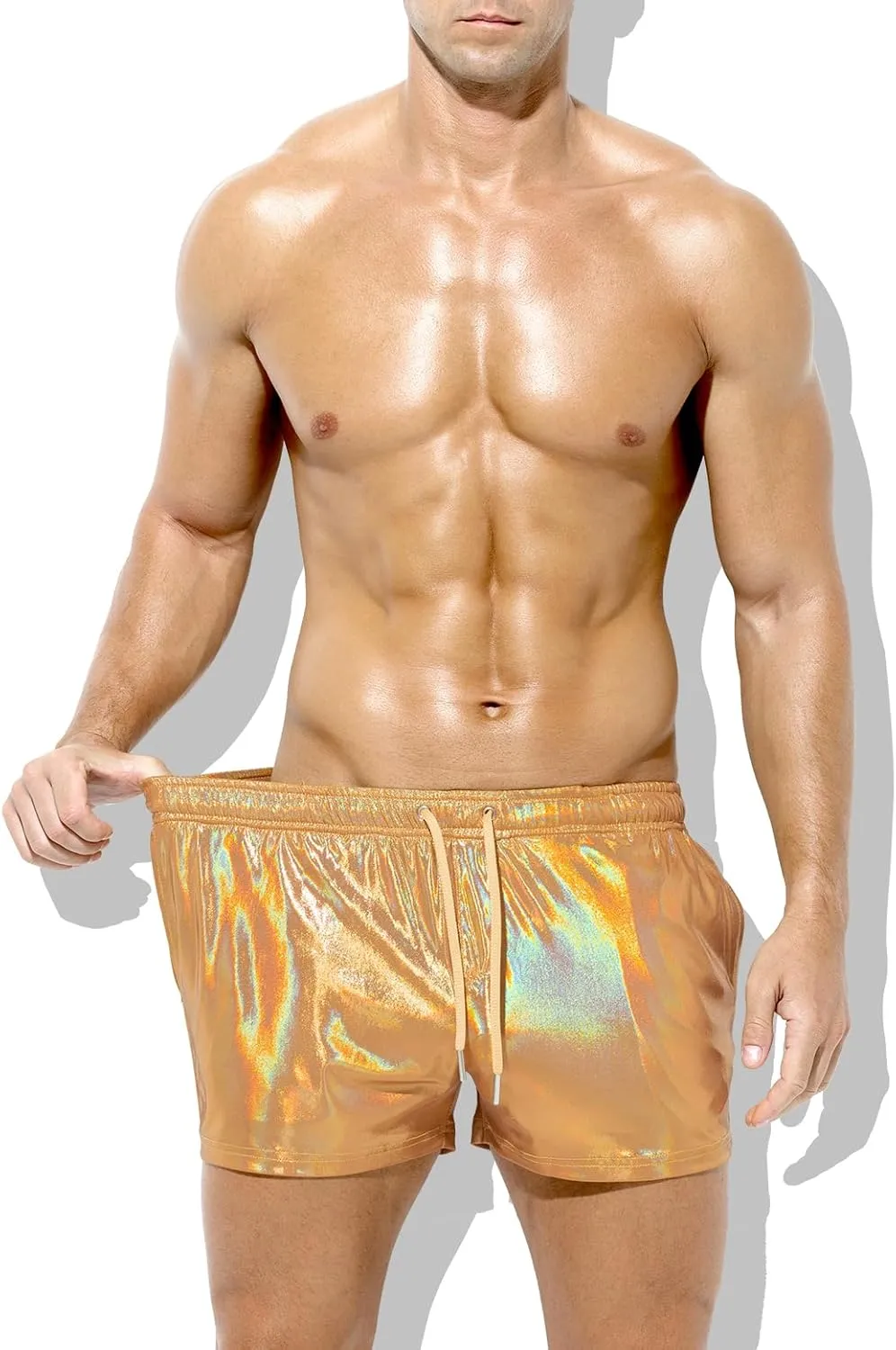 Casey Kevin Men's Holographic Metallic Short Sparkly Shiny Short Pants Rave Outfit Hot Shorts with Pockets and Drawstrings
