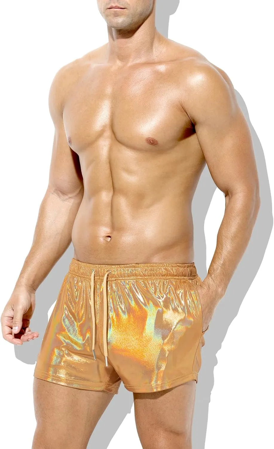 Casey Kevin Men's Holographic Metallic Short Sparkly Shiny Short Pants Rave Outfit Hot Shorts with Pockets and Drawstrings