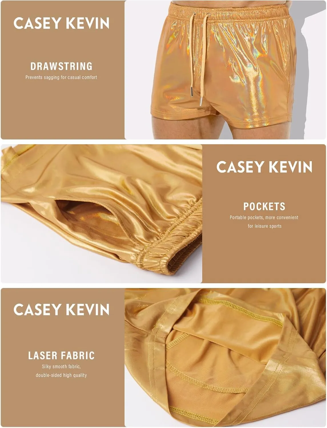 Casey Kevin Men's Holographic Metallic Short Sparkly Shiny Short Pants Rave Outfit Hot Shorts with Pockets and Drawstrings