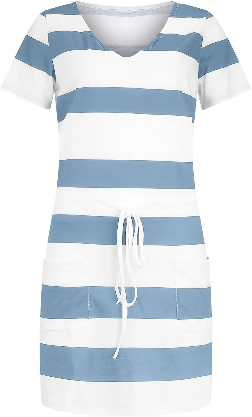 Casual Dresses for Women Short Sleeve Tie Waist Striped Mini Tshirt Dress Cute Summer Beach Sun Dresses with Pockets