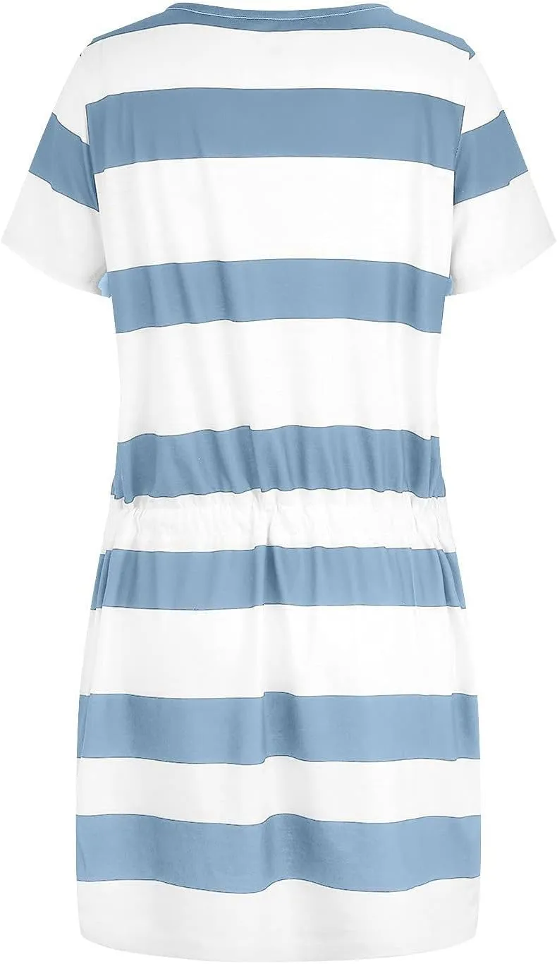 Casual Dresses for Women Short Sleeve Tie Waist Striped Mini Tshirt Dress Cute Summer Beach Sun Dresses with Pockets