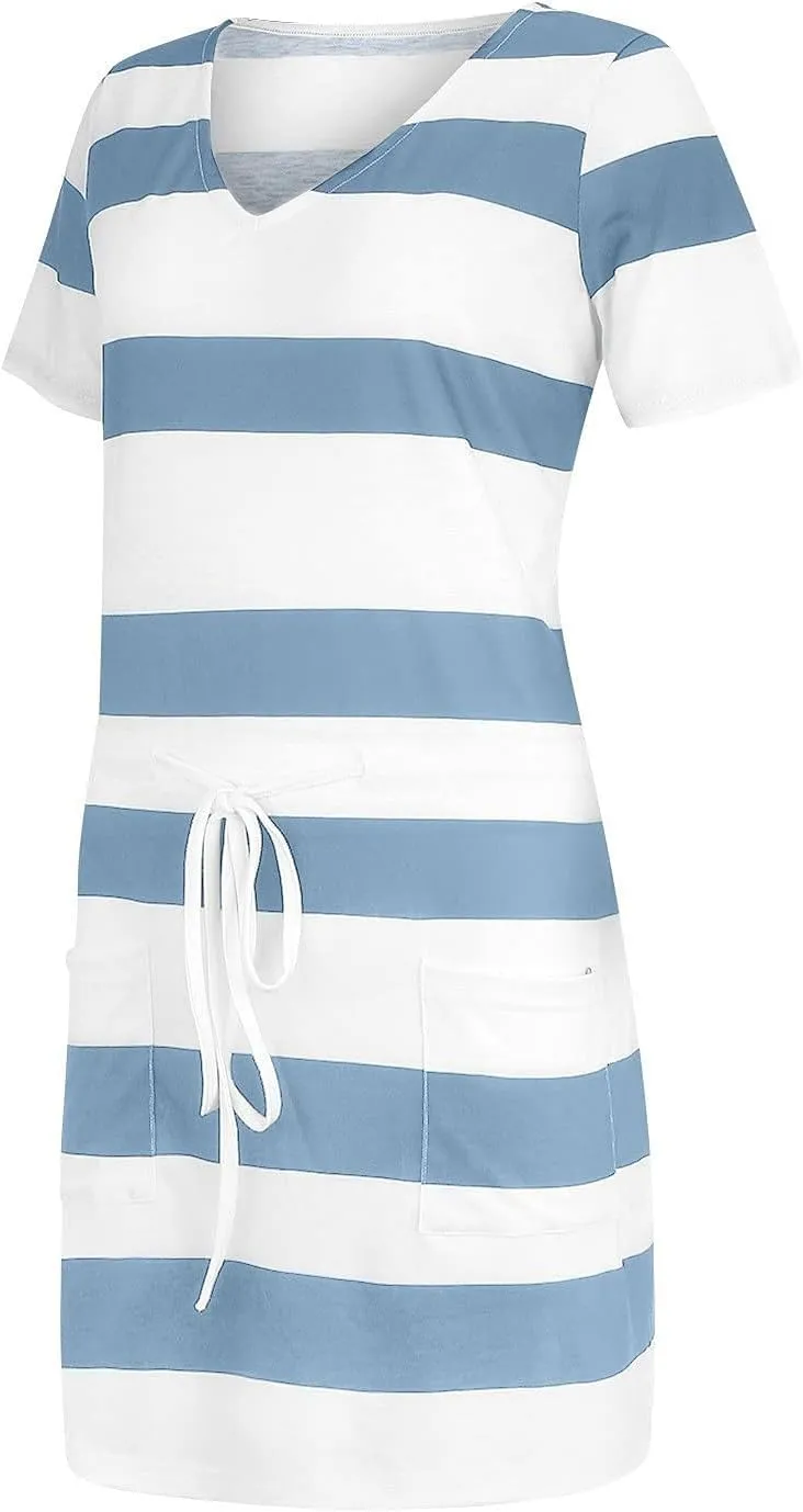 Casual Dresses for Women Short Sleeve Tie Waist Striped Mini Tshirt Dress Cute Summer Beach Sun Dresses with Pockets