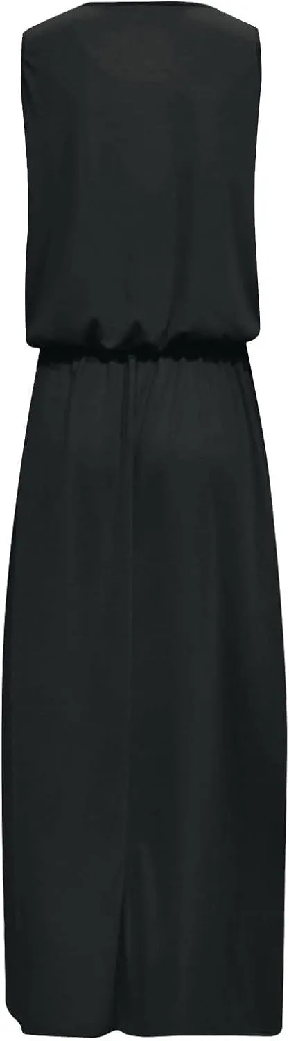 Casual Summer Dresses for Women 2025 Crewneck Sleeveless Sexy Fork Opening Maxi Dress Vacation Beach Boho Sundresses