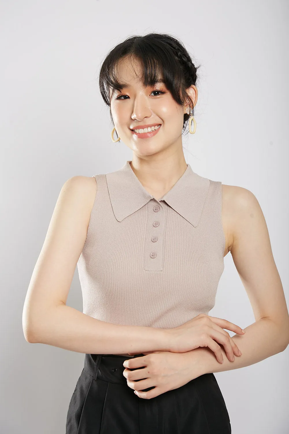 Channa Polo Collar Knit Top in Nude